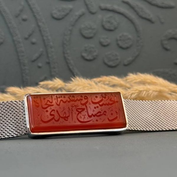 دستبند استیل قاب نقره عقیق سرخ مردانه